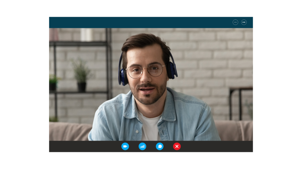 Jovem com fone de ouvido pronto para reunião online, quero falar francês